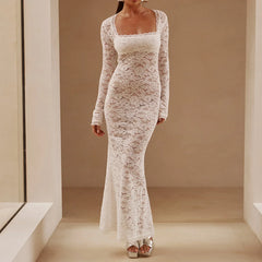 Lace Clothes See Through Floral Square Collar Long Sleeve Maxi Dress