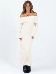 Color Slit Hem Casual Long Sleeve Knitted Party Dress Beach Cocktail Club Streetwear Maxi Dress