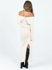 Color Slit Hem Casual Long Sleeve Knitted Party Dress Beach Cocktail Club Streetwear Maxi Dress