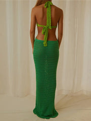 Cutout Knitted Long Crochet Backless Spaghetti Strap Bodycon Maxi Dress