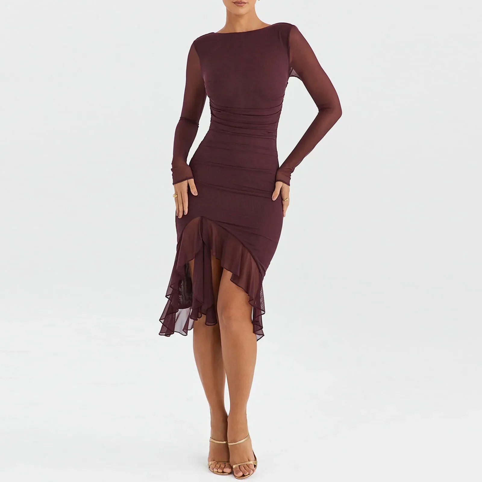 Hem Mermaid Bodycon Mesh Long Sleeve Tail Spring Fall Cocktail Elegant Vestidos Midi Dress