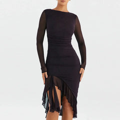 Hem Mermaid Bodycon Mesh Long Sleeve Tail Spring Fall Cocktail Elegant Vestidos Midi Dress