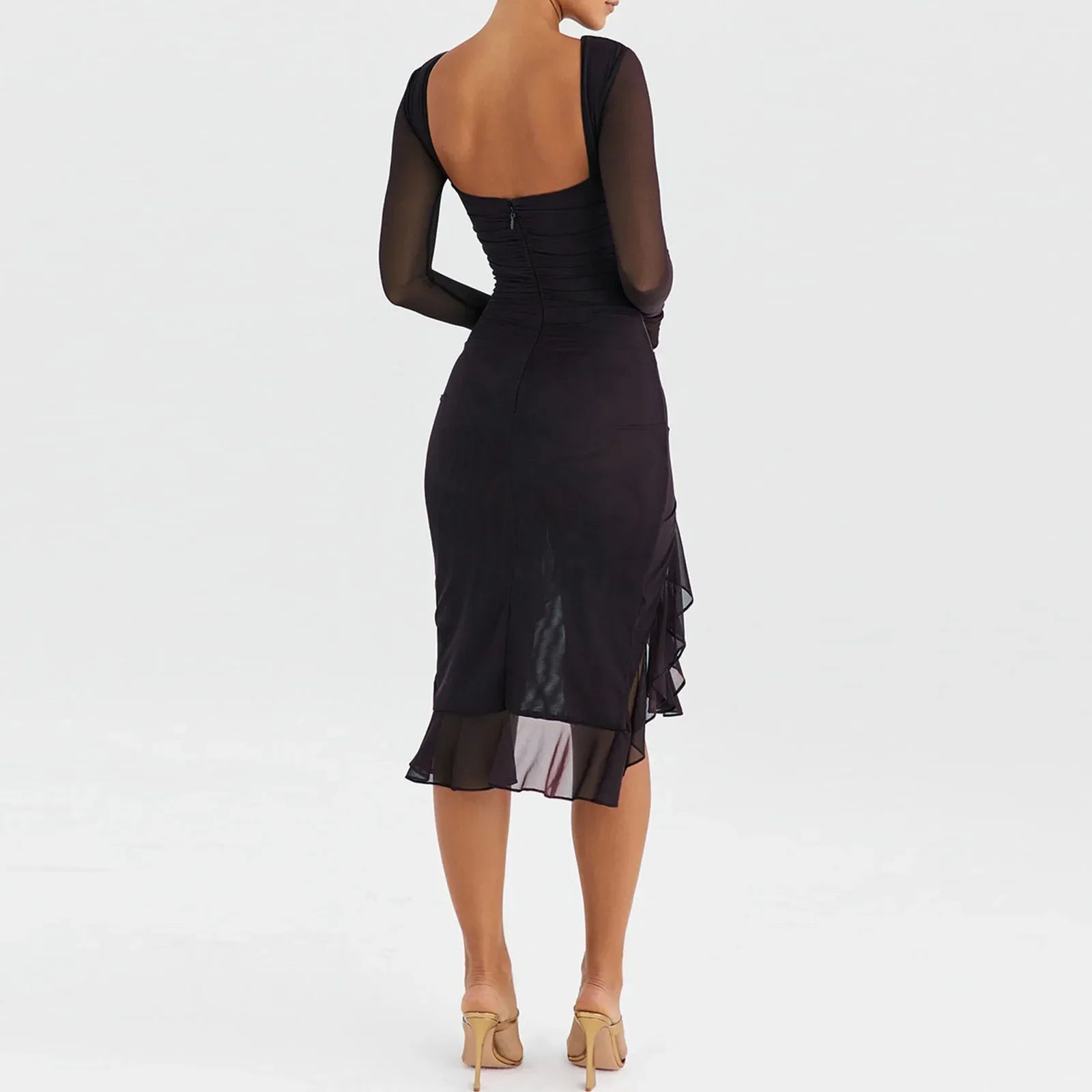 Hem Mermaid Bodycon Mesh Long Sleeve Tail Spring Fall Cocktail Elegant Vestidos Midi Dress