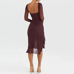 Hem Mermaid Bodycon Mesh Long Sleeve Tail Spring Fall Cocktail Elegant Vestidos Midi Dress