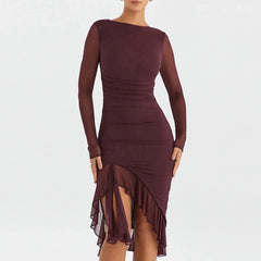 Hem Mermaid Bodycon Mesh Long Sleeve Tail Spring Fall Cocktail Elegant Vestidos Midi Dress