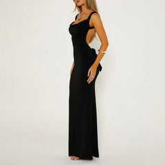Backless Bodycon Spring Scoop Neck Bow Tie Open Back Party Cocktail Maxi Dress