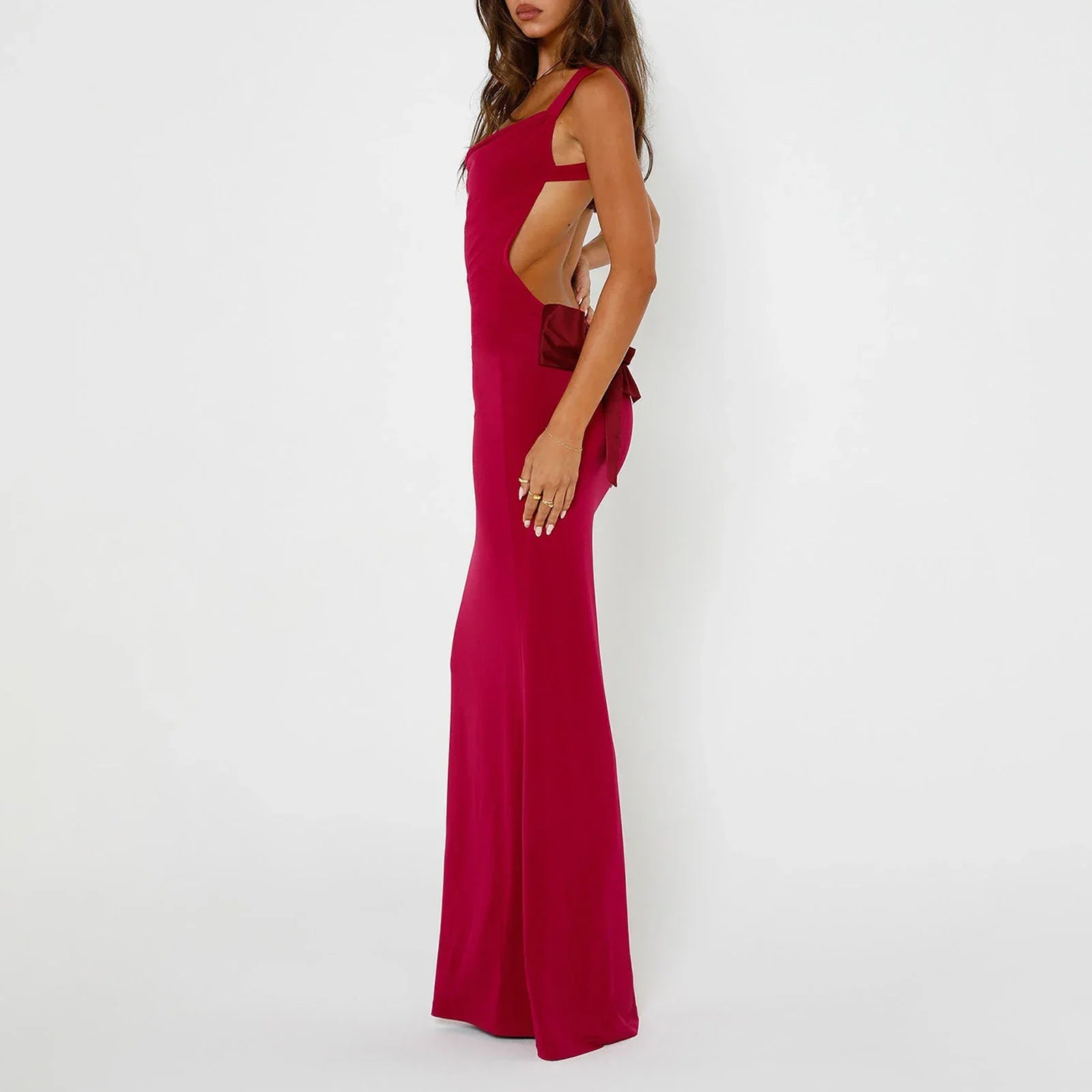 Backless Bodycon Spring Scoop Neck Bow Tie Open Back Party Cocktail Maxi Dress