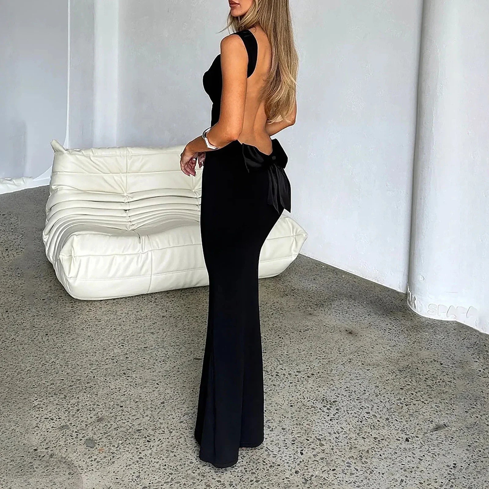 Backless Bodycon Spring Scoop Neck Bow Tie Open Back Party Cocktail Maxi Dress