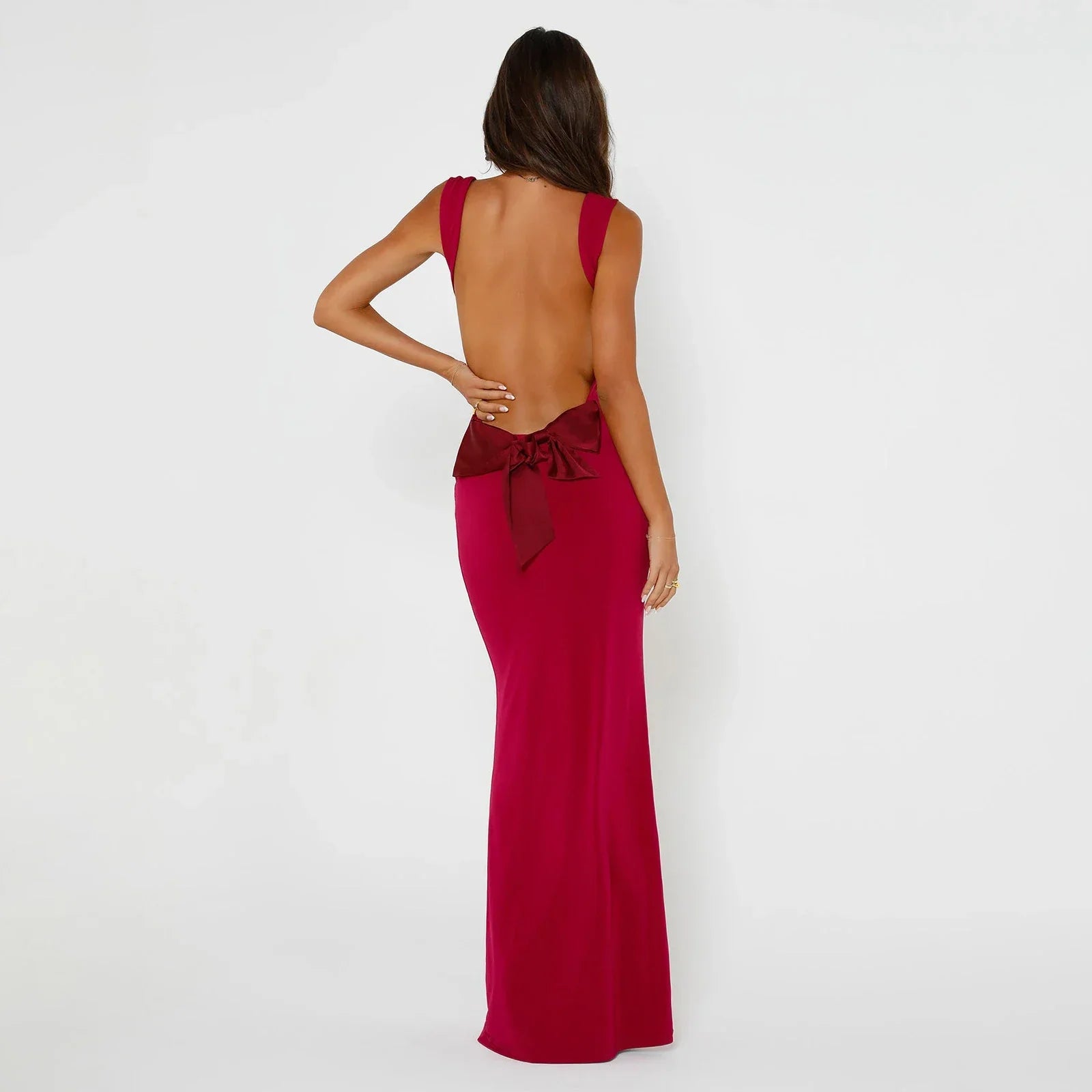 Backless Bodycon Spring Scoop Neck Bow Tie Open Back Party Cocktail Maxi Dress