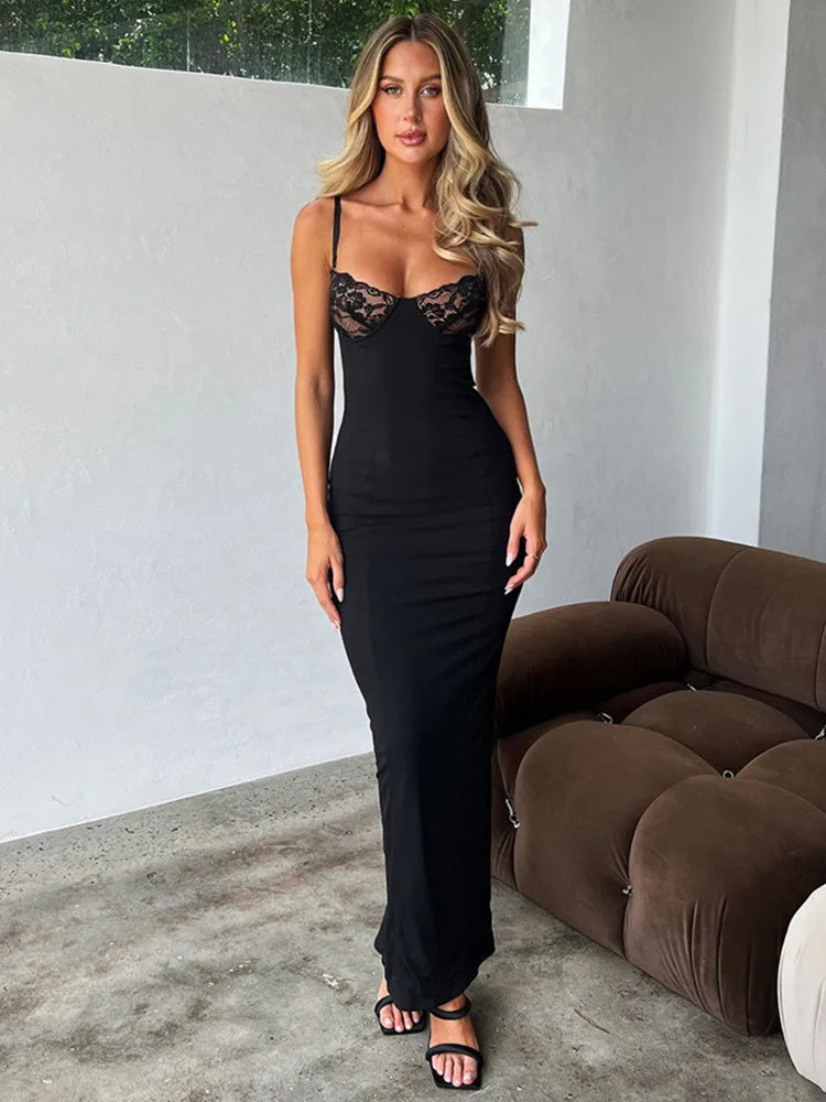 Bodycon Cami Classic Sleeveless Lace Spaghetti Strap Stretchy Maxi Dress