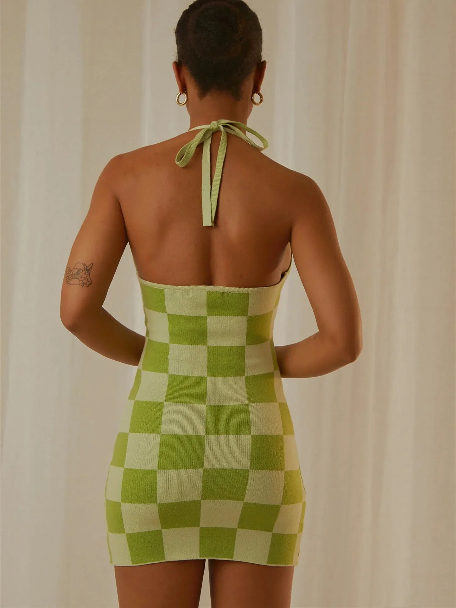 Sleeveless Checkerboard Print Backless Party Club Streetwear Mini Dress