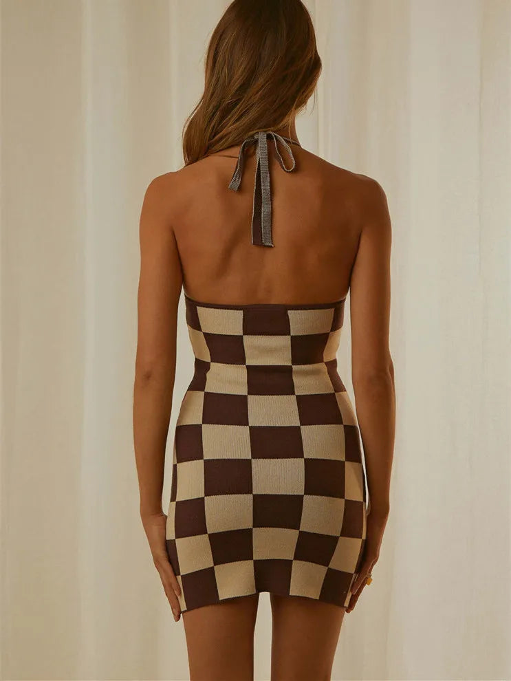 Sleeveless Checkerboard Print Backless Party Club Streetwear Mini Dress