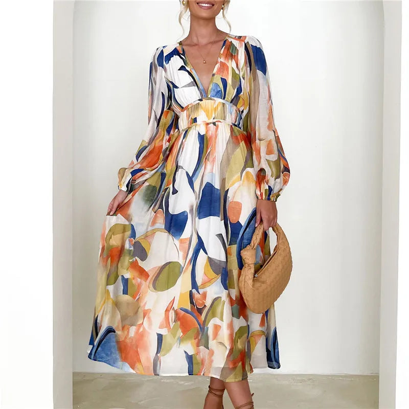 Spring Print V-Neck Long Sleeve A-line Fashion Holiday Boho Dress