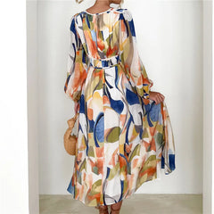 Spring Print V-Neck Long Sleeve A-line Fashion Holiday Boho Dress