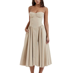 Side Pockets Low-Cut Cami Midi Dress