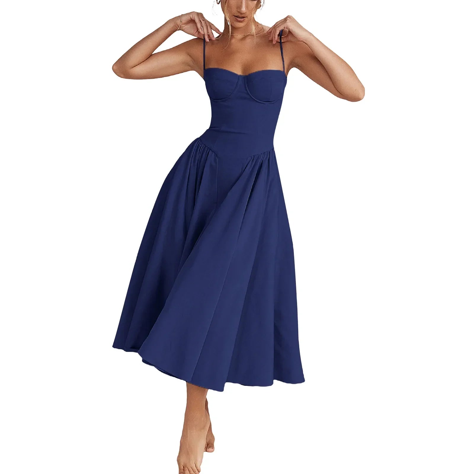 Side Pockets Low-Cut Cami Midi Dress