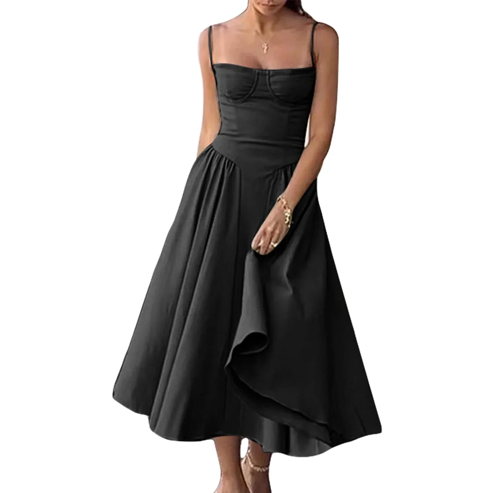 Side Pockets Low-Cut Cami Midi Dress