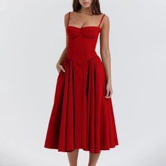 Side Pockets Low-Cut Cami Midi Dress