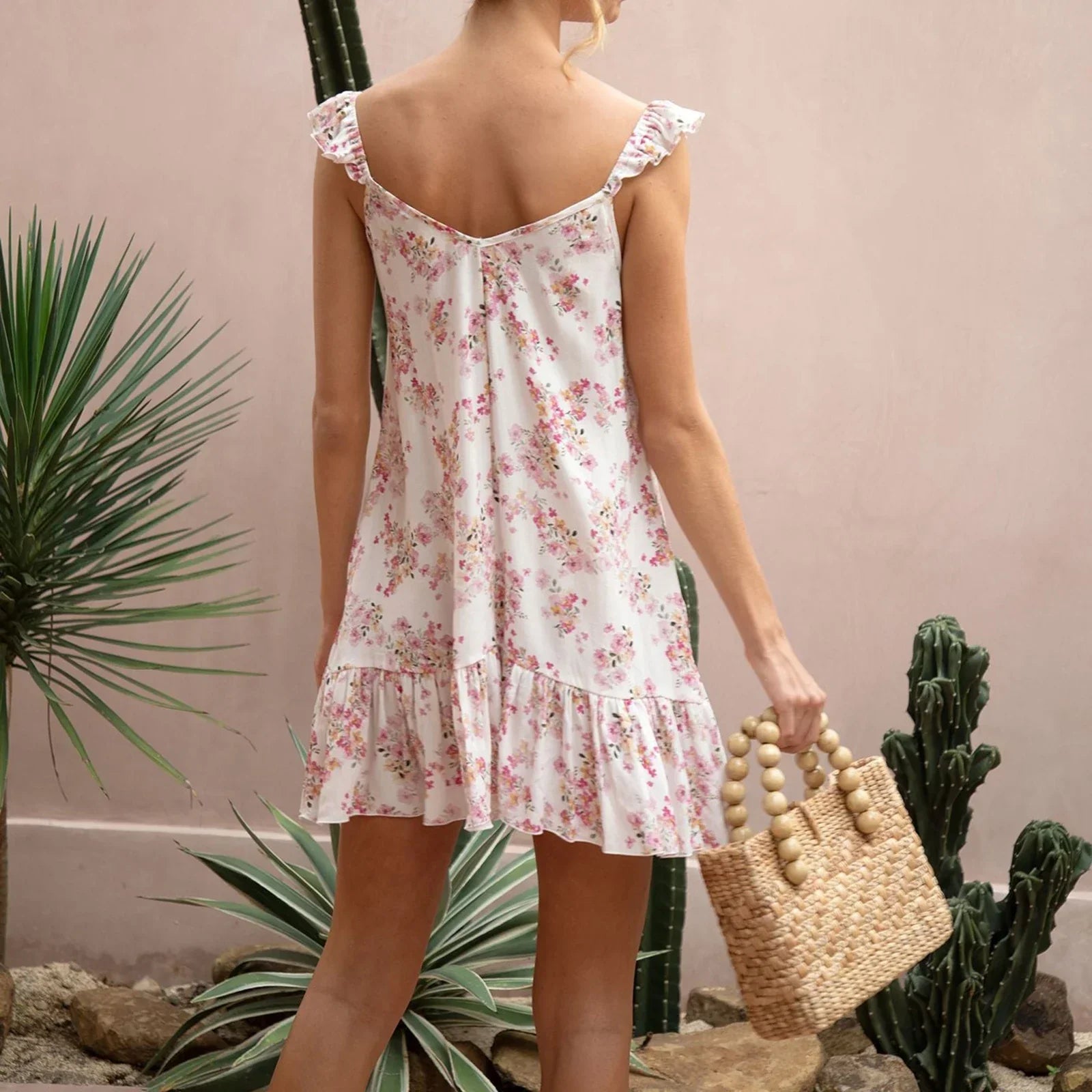 Summer Cami Floral Print V-Neck Sleeveless Fashion Ruffles Backless Mini Dress