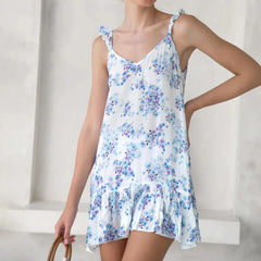Summer Cami Floral Print V-Neck Sleeveless Fashion Ruffles Backless Mini Dress