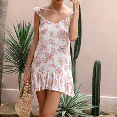 Summer Cami Floral Print V-Neck Sleeveless Fashion Ruffles Backless Mini Dress