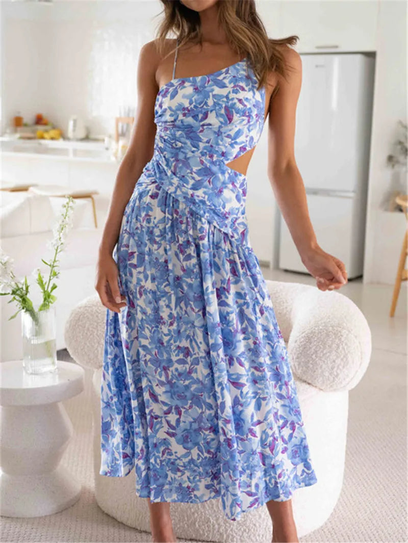 Summer Floral Print Spaghetti Strap Cross Tie-Up Backless Slit Maxi Dress