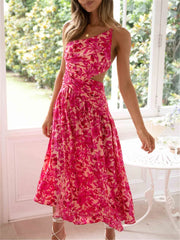 Summer Floral Print Spaghetti Strap Cross Tie-Up Backless Slit Maxi Dress