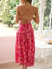 Summer Floral Print Spaghetti Strap Cross Tie-Up Backless Slit Maxi Dress