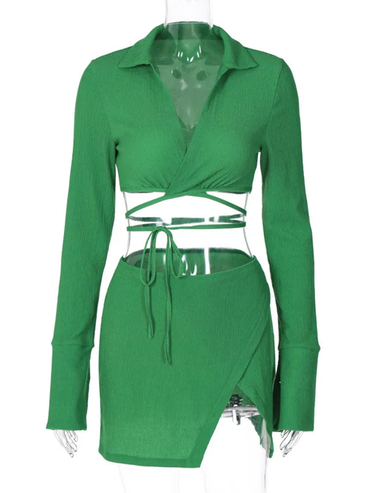 Tops Skirt Suit Long Sleeve Lapel Bandage Solid Color Party Mini Dress