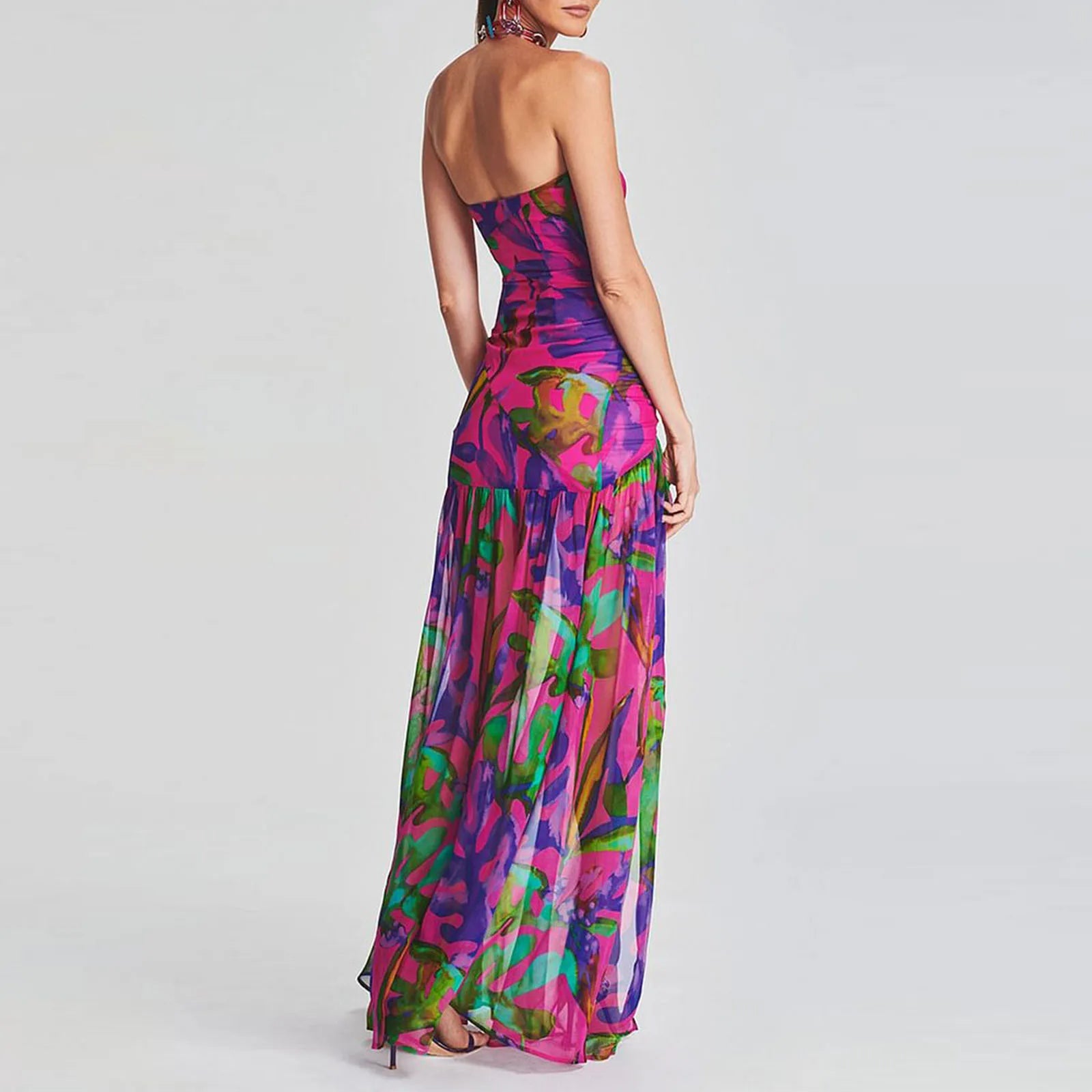 Tube Top Dress Strapless Backless Mesh Patchwork Tropical Print High Slit Maxi Dress