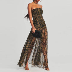 Tube Top Dress Strapless Backless Mesh Patchwork Tropical Print High Slit Maxi Dress