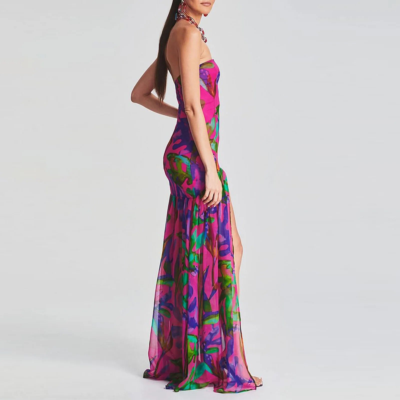 Tube Top Dress Strapless Backless Mesh Patchwork Tropical Print High Slit Maxi Dress