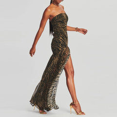 Tube Top Dress Strapless Backless Mesh Patchwork Tropical Print High Slit Maxi Dress