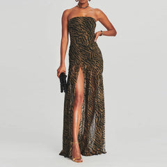 Tube Top Dress Strapless Backless Mesh Patchwork Tropical Print High Slit Maxi Dress