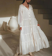 Y2k Puff Sleeve Ruffle Pleated Maxi Swing Loose Fit Tiered Beach Wear Midi Dress