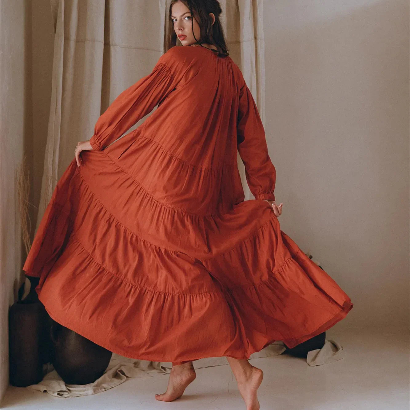 Y2k Puff Sleeve Ruffle Pleated Maxi Swing Loose Fit Tiered Beach Wear Midi Dress