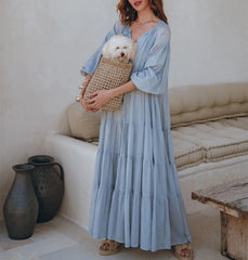 Y2k Puff Sleeve Ruffle Pleated Maxi Swing Loose Fit Tiered Beach Wear Midi Dress