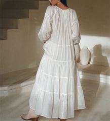 Y2k Puff Sleeve Ruffle Pleated Maxi Swing Loose Fit Tiered Beach Wear Midi Dress