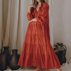 Y2k Puff Sleeve Ruffle Pleated Maxi Swing Loose Fit Tiered Beach Wear Midi Dress