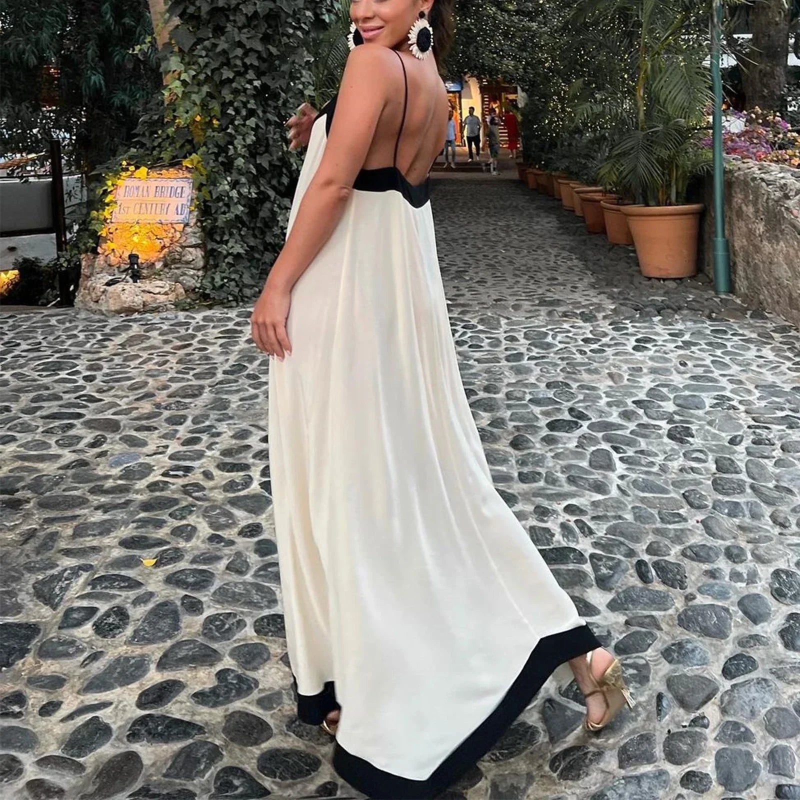 Y2k Spaghetti Strap Maxi Patchwork Low Cut Backless Long Ruffle Flowy Beach Sundress Midi Dress