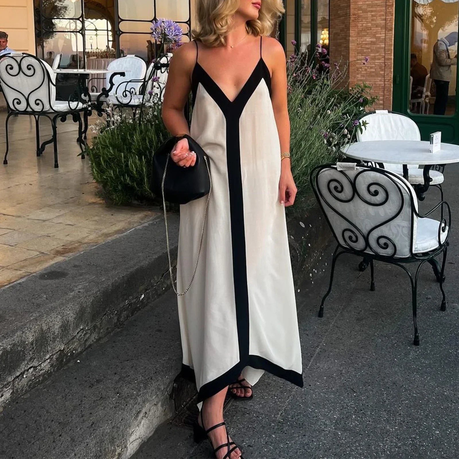 Y2k Spaghetti Strap Maxi Patchwork Low Cut Backless Long Ruffle Flowy Beach Sundress Midi Dress