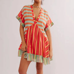 V-Neck Puff Sleeve Mini WomenSummer Causal Beach Boho Dress