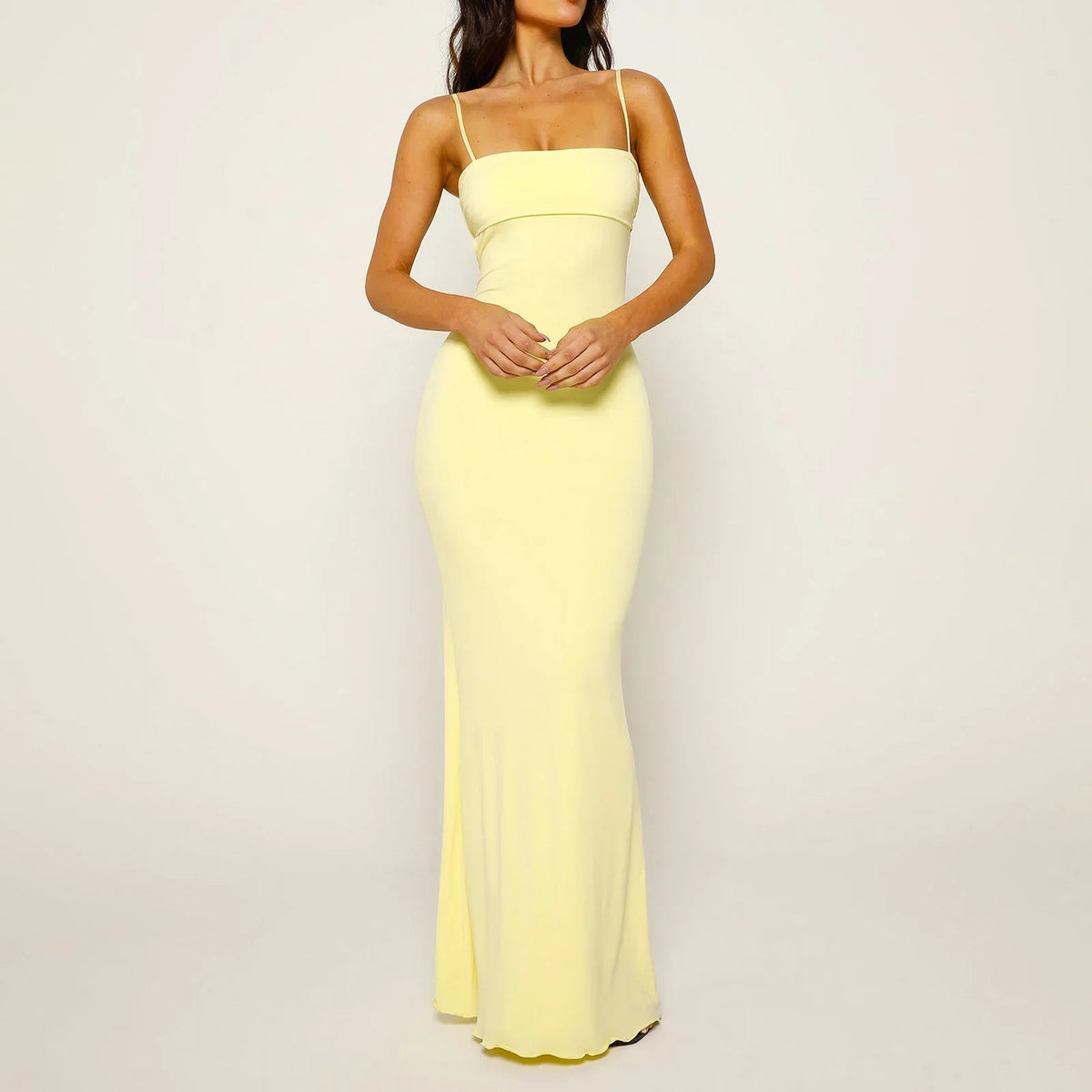 Fit Square Neck Adjustable Spaghetti Strap Solid Color Maxi Dress