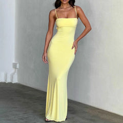 Fit Square Neck Adjustable Spaghetti Strap Solid Color Maxi Dress