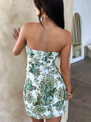 Floral Print Sleeveless Off Shoulder Slit Hem Bodycon Short Party Gown Mini Dress