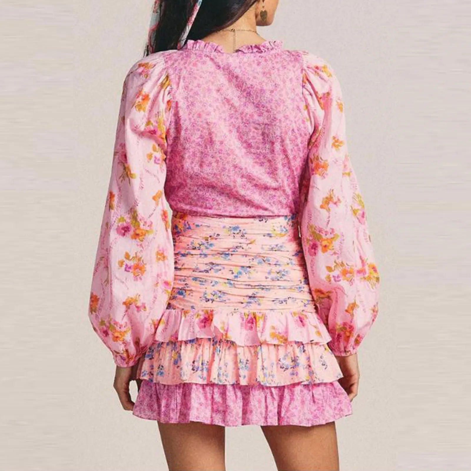 Layered Patchwork Belted Mini Sun V Neck Long Sleeve Boho Dress