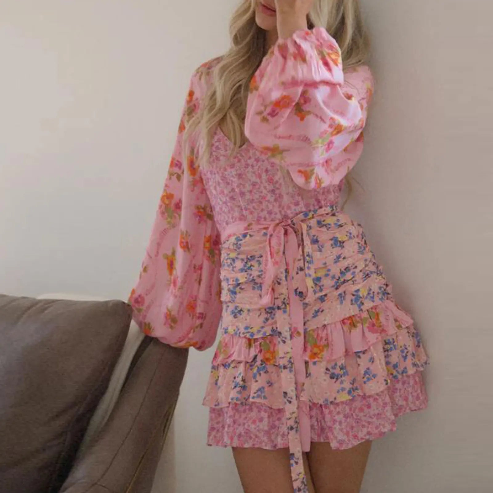 Layered Patchwork Belted Mini Sun V Neck Long Sleeve Boho Dress