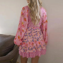 Layered Patchwork Belted Mini Sun V Neck Long Sleeve Boho Dress