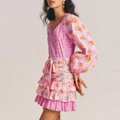 Layered Patchwork Belted Mini Sun V Neck Long Sleeve Boho Dress