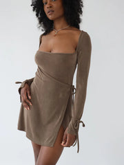 Summer Long Sleeve Square Neck Split Bodycon Backless Maxi Dress